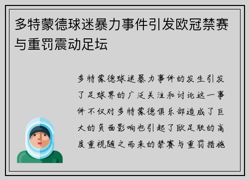 多特蒙德球迷暴力事件引发欧冠禁赛与重罚震动足坛